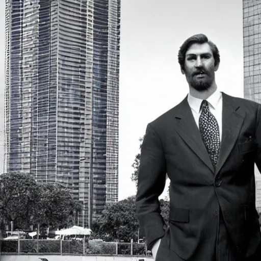 Prompt: a giant caucasian man dressed very elegantly standing next to a shoulder height skyscraper