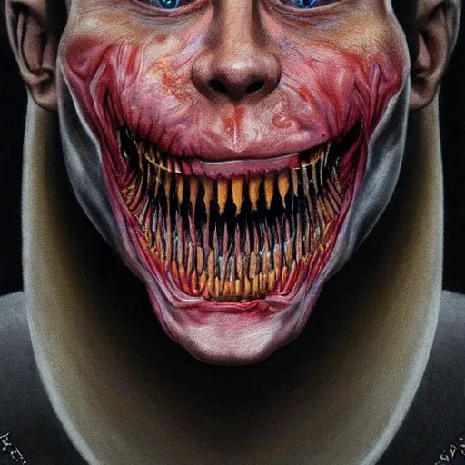 Image similar to a portrait of vladimir putin's, flesh eating worms, macabre, horror saw teeth, horror rotten teeth, peeling face skin, by junji ito and zdzisław beksinski, realistic face, visible face, digital art, artstation, symmetry