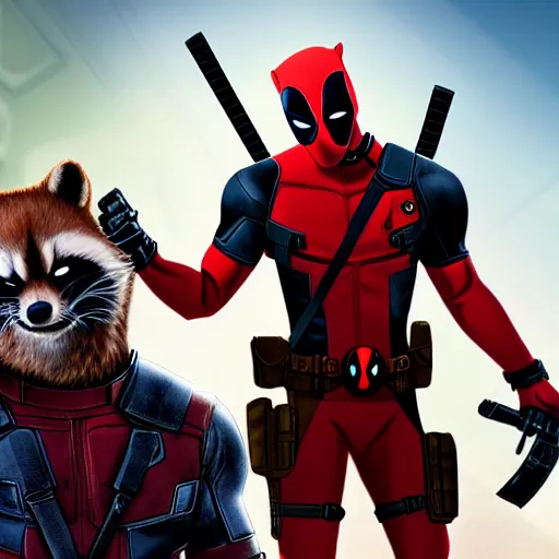 Image similar to deadpool and rocket raccoon together digital art 4 k detailed super realistic