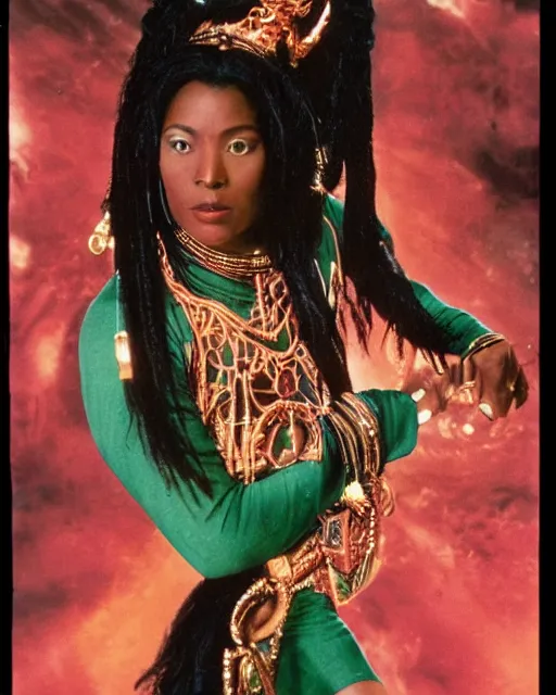 Prompt: the image is a lost hollywood film still 1 9 9 0 s photograph of a guardian priestess goddess black woman with dark brown skin, long, swirling black hair, and jade colored eyes, dancing in a ballroom. vibrant cinematography, anamorphic lenses, crisp, detailed image in 4 k resolution.