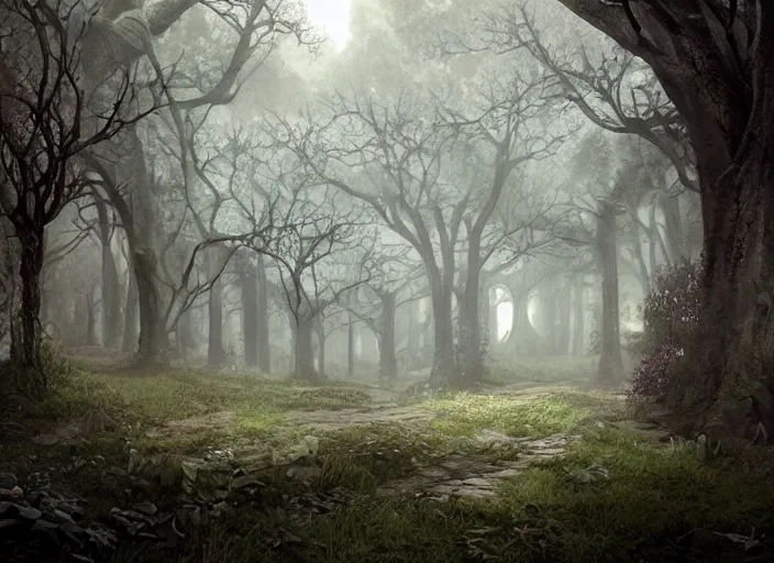 Image similar to secret garden, pathway, trees with faces, in the style of pan's labyrinth movie, spooky, very dark, concept art, unreal engine 5, matte painting, artstation, caspar friedrich