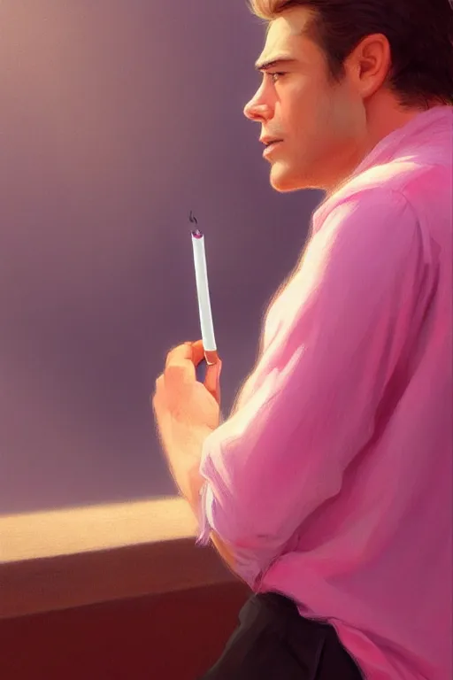 Image similar to realistic antropomorphic sad wolf wearing pink shirt and smoking cigarette, digital painting, artstation, concept art, smooth, sharp focus, illustration, art by kezie demessance, artgerm, james jean, jean giraud, edward hopper, gaston bussiere and greg rutkowski