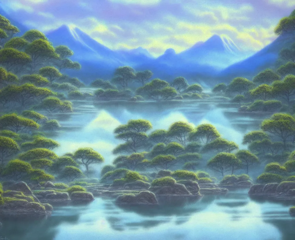 Prompt: a landscape pastel in the style of noriyoshi ohrai of a blue river to some misty mountains in the background. along the river stands stone pillars that reflect in the water. key art. 4 k fantasy