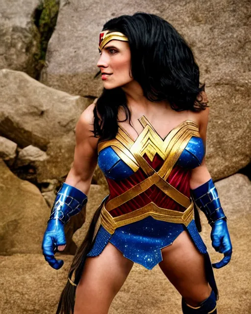 Image similar to photos of a Chimpanzee dressed as Wonder Woman. A chimpanzee wearing Wonder Woman’s outfit, Photography in the style of National Geographic, photorealistic