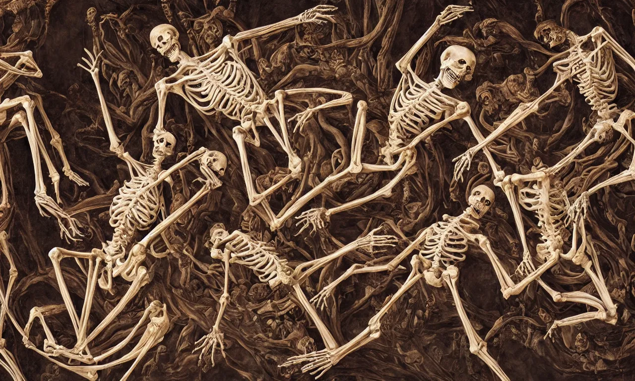 Image similar to intertwined bodies, inside a grand, ornate cathedral, HD Mixed media, highly detailed and intricate, fleshy skeletal, botany, surreal illustration in the style of Caravaggio, baroque dark art