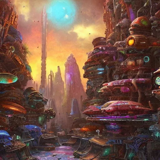 Image similar to dense alien city on ancient post - apocalyptic planet, jim henson creature shop, vivid and colorful, thomas kincaid, cinematic, oil painting, highly detailed, illustration