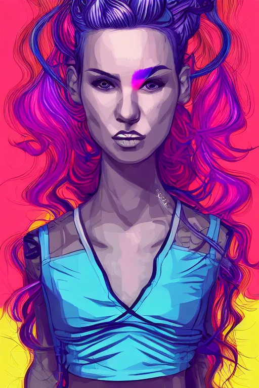 Image similar to a award winning half body portrait of a beautiful woman with stunning eyes in a printed croptop and cargo pants with rainbow colored ombre hairstyle head in motion and hair flying by josan gonzales, outrun, vaporware, shaded flat illustration, digital art, trending on artstation, highly detailed, fine detail, intricate