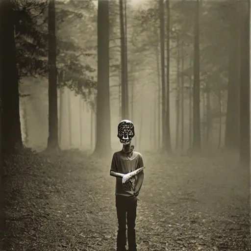 Image similar to teenage boy with skull mask, smoke around him, forest, by sally mann