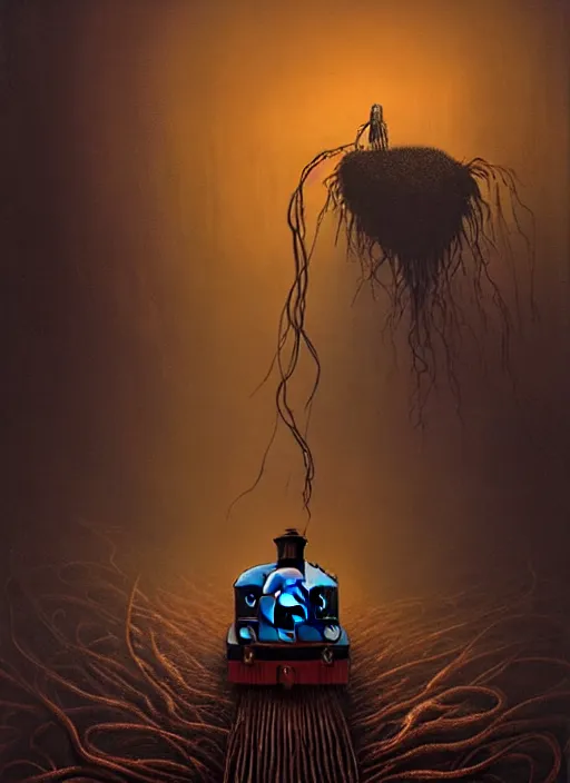 Image similar to thomas the tank engine in style of zdzisław beksinski, extremely dramatic lighting, 8 k, tendrils, black, darkness, black slime tendrils, infected, rust, body horror, thomas the train, thomas the tank engine face, horror,