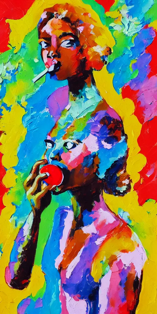 Image similar to portrait of beautiful woman licking a lollipop painted with colorful gouache impasto