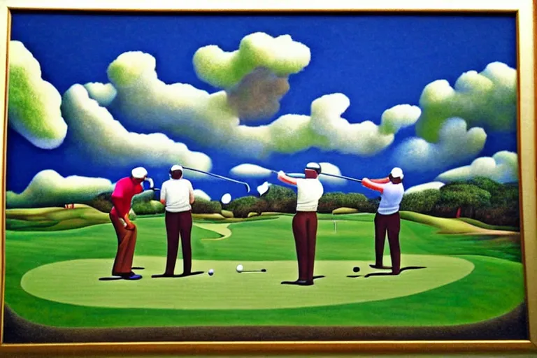 Image similar to Three golfers on a beautiful golf course, wonderous could formations in sky, by Diego Rivera