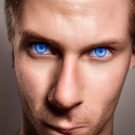 Prompt: a close - up of a male face, 3 0 years old, clear blue eyes, macro photography, studio lighting, highly detailed