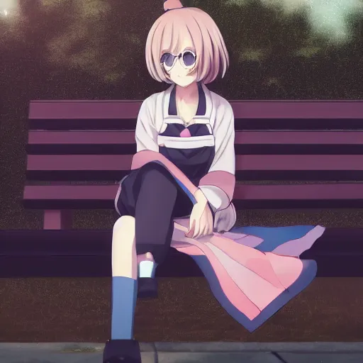 Prompt: an anime girl sitting on a bench at a park, trending on pixiv, detailed, anime, pastel colors, dramatic lighting, by kawacy