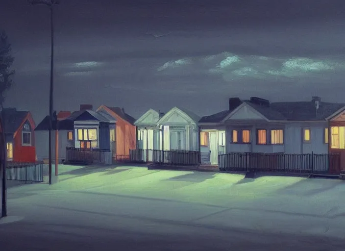 Image similar to small suburban houses in America at night by Edward Hopper, fantasy, moody lighting, dark mood, imagination, cinematic