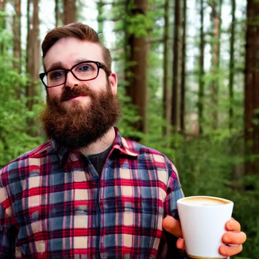 Prompt: photograph of 25 year old white man with glasses and brown beard wearing a red plaid shirt and holding a gigantic coffee mug, forest background, DSLR Photography