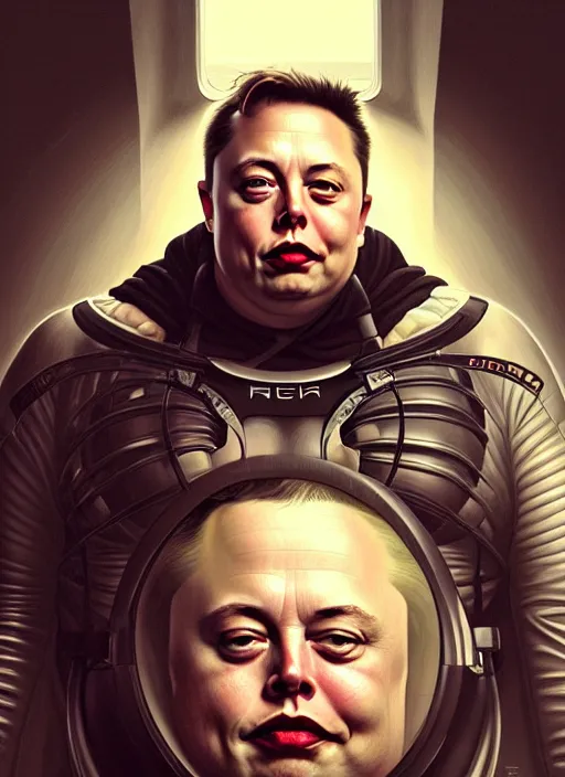 Image similar to obese elon musk, portrait, intricate, elegant, highly detailed, digital painting, artstation, concept art, wallpaper, smooth, sharp focus, illustration, art by h. r. giger and artgerm and greg rutkowski and alphonse mucha