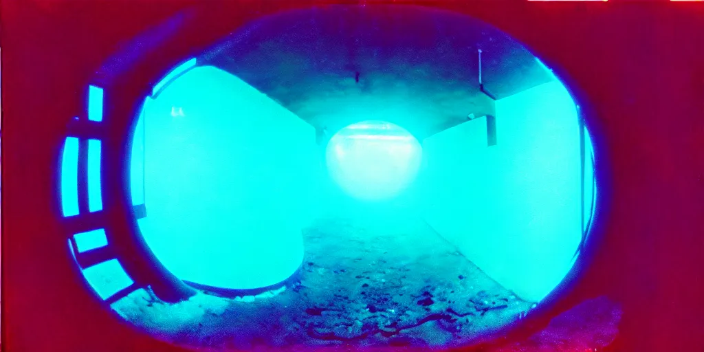 Prompt: 1 9 7 0 s underwater footage of a portal at the end of a tokyo alley, non - euclidean, neon lights, ektachrome photograph, volumetric lighting