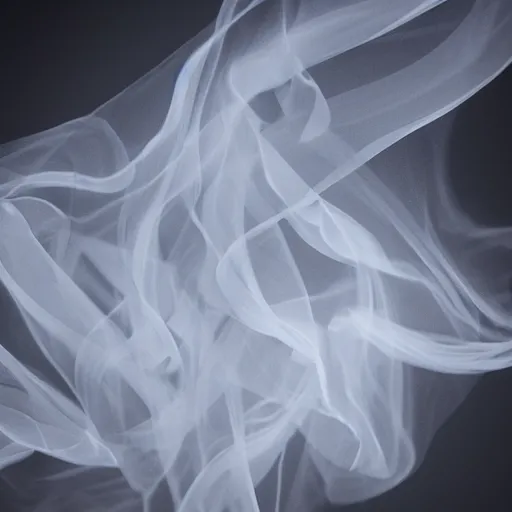 Image similar to a photo of beautiful silk floating in the air in a dark room, lit from above, volumetric light, smoke, photorealistic, 8 k