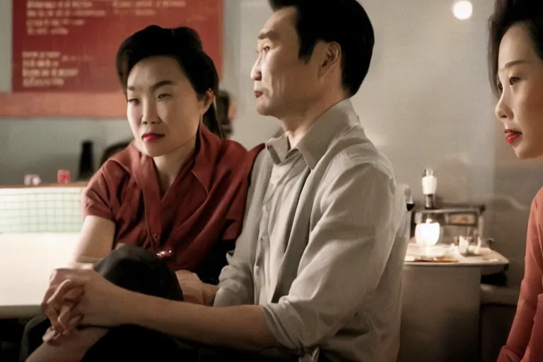 Prompt: movie interior closeup beautiful Asian couple closeup sitting and talking at 50s diner, night in the city, beautiful skin, by Emmanuel Lubezki