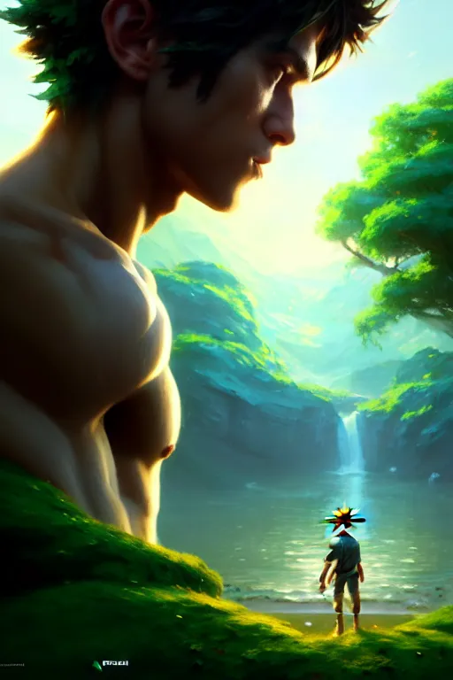 Image similar to cinematic shot of an epic portrait of link and the deku tree, shiny skin, beautiful eyes, beautiful, small details, night setting, realistic poster with volumetric light from craig mallism, artgerm, jeremy lipkin and michael garmash, unreal engine, radiant light, detailed and complex environment, digital art, trends at art station, a masterpiece