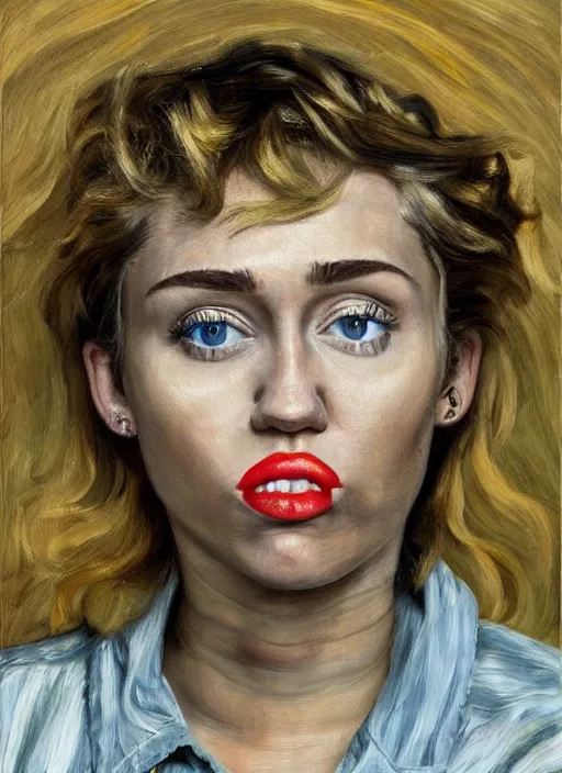 Image similar to Miley Cyrus, painted by Lucian Freud, highly detailed, 8k