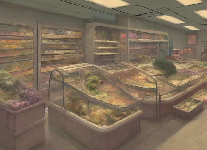 Image similar to placid pastel deep cozy moody cluttered painterly fluffy tiny cramped pet store counter, aisles of aquariums, slanted ceiling, tiny space, particulate, trending on pixiv