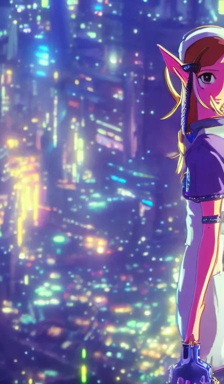 Prompt: anime fine details portrait of Zelda in front of cyberpunk moder city landscape on the background deep bokeh, close-up view, anime masterpiece by Studio Ghibli. 8k, sharp high quality anime, artstation