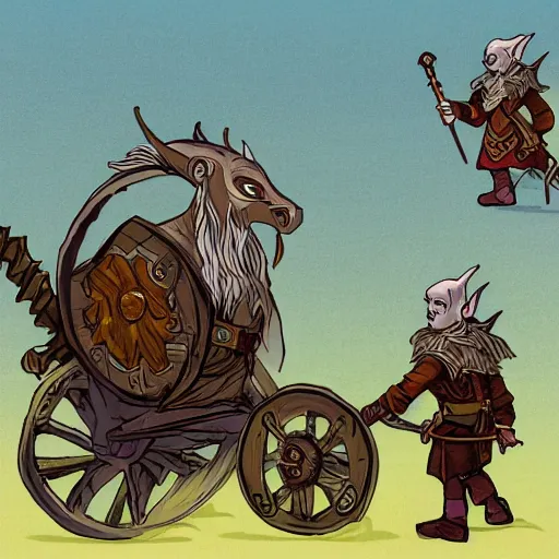 Image similar to illustration of a cart being ridden by a halfling wizard, high elf ranger, dragonborn, elven bard, dungeons and dragons