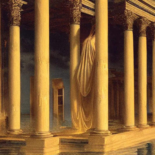 Prompt: A woman wrapped in billowing veils in water under two gilded Roman columns made of human bones, sunset, baroque painting