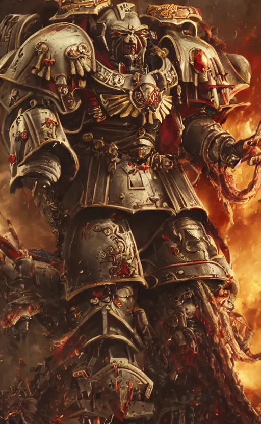 Image similar to warhammer 40k Emperor of Mankind, half-length portrait, beautiful face, long hair, illustration, fine details, cinematic, highly detailed, octane render