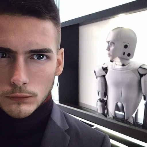 Image similar to “a realistic detailed photo of a guy who is an attractive humanoid who is half robot and half humanoid, who is a male android, News reporter Anthony Conn, shiny skin, posing like a statue, blank stare, reporting the news, on display, sparks coming out of his neck”