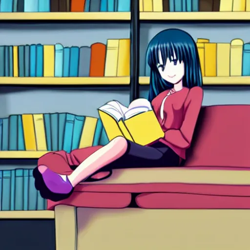 Image similar to Anime Girl reading a book on a sofa