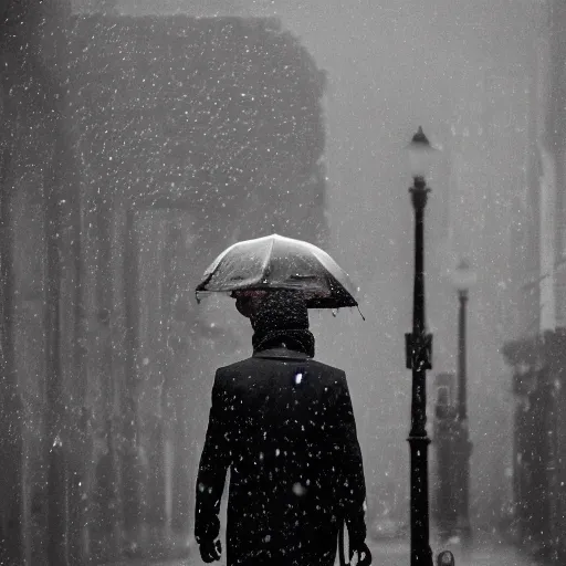Image similar to A dramatic portrait of a man wearing yellow rain coat , holding red umbrella , walking in a black and white street . Cinematic lighting