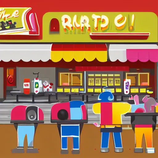 Prompt: a fast food restaurant runned by cute tiny robots, digital art