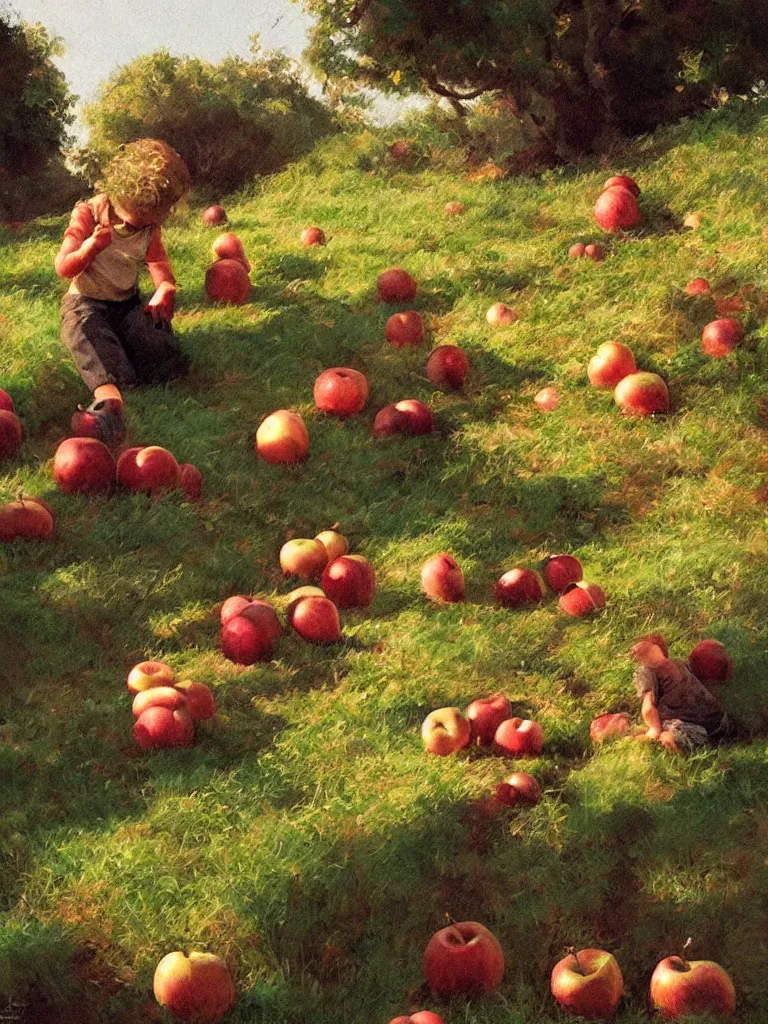 Prompt: picking apples by disney concept artists, blunt borders, rule of thirds, golden ratio, godly light, beautiful!!!