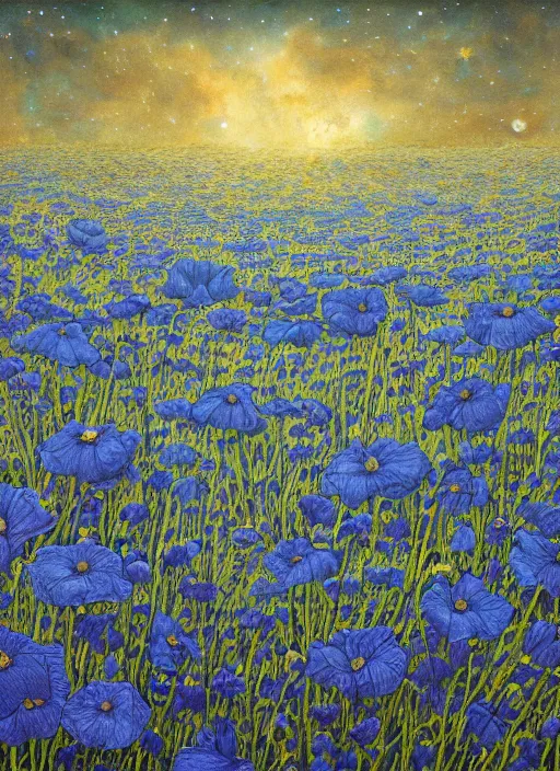 Prompt: detailed, intricate blue black and purple papaverum flower on the field, nebula, galaxy in the sky, winning award masterpiece, fantastically beautiful, illustration, aestheticly inspired, jacek yerka, upscale with anguissola sofonisba work, artstation, 8 k