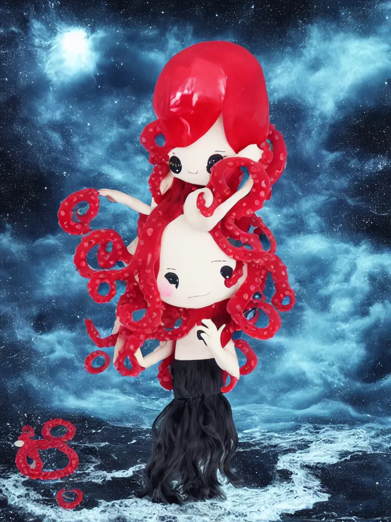 Image similar to cute fumo plush chibi gothic translucent octopus maiden alien girl combing her hair in the waves of the wavering dark galactic abyss, black and red dress with ribbons, ocean wave thunderstorm and reflective splashing water, black and white, ocean simulation, vignette, vray