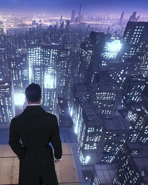Image similar to a night rooftop scene, close up shot of a photorealistic gangster wearing a trench coat looking at the city below, unreal engine, hyper realism
