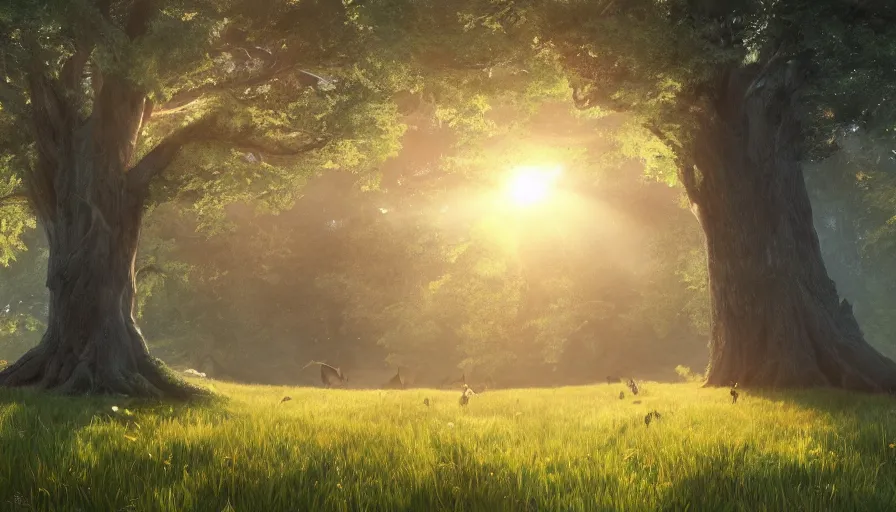 Image similar to A big meadow with a big tree in the middle and the sun right behind, hyperdetailed, artstation, cgsociety, 8k