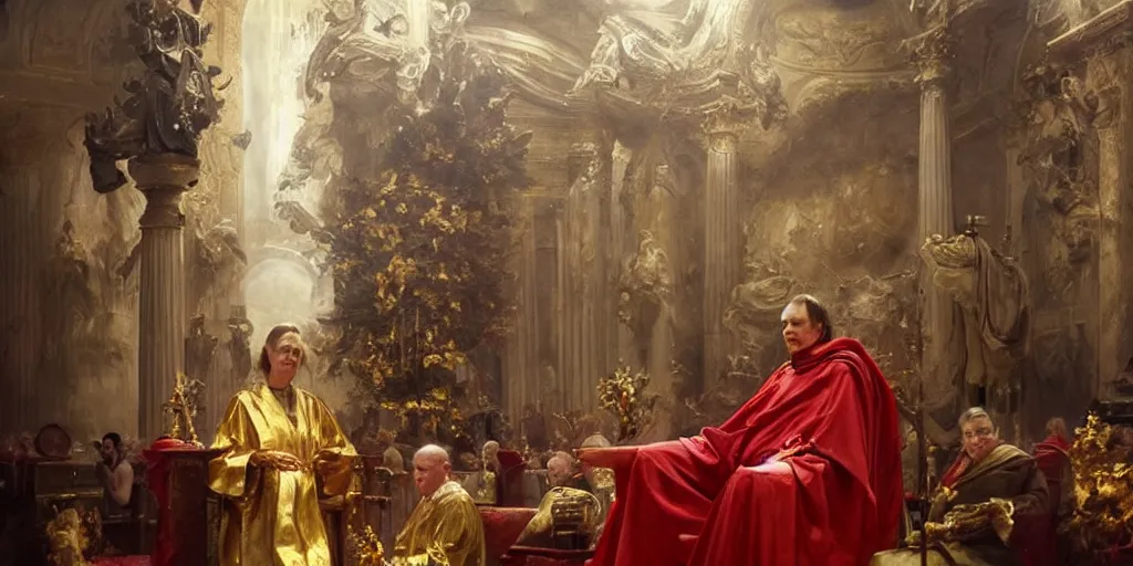 Image similar to beautiful oil painting, steve buscemi in royal crimson robes enthroned as the god emperor of ancient rome a golden wreath upon his head, by anders zorn, wonderful masterpiece by greg rutkowski, beautiful cinematic light, american romanticism, by thomas lawrence, greg rutkowski