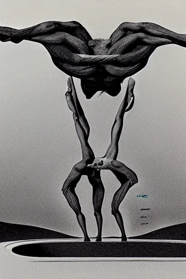 Image similar to A vintage scientific illustration from the 1970s of humans crawling on the ceiling of their living room by Zdzisław Beksiński