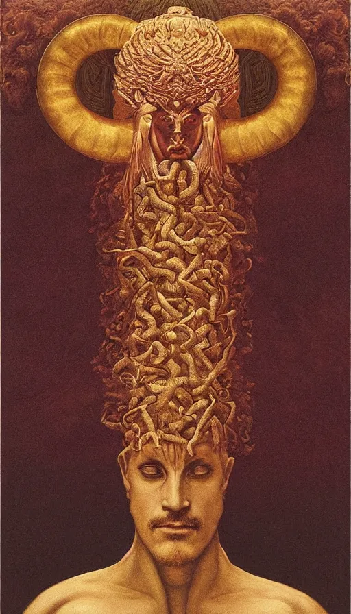 Image similar to the emperor, ram horns sprouting from his head, golden taurus, mars energy, ankh, wisdom, agostino arrivabene