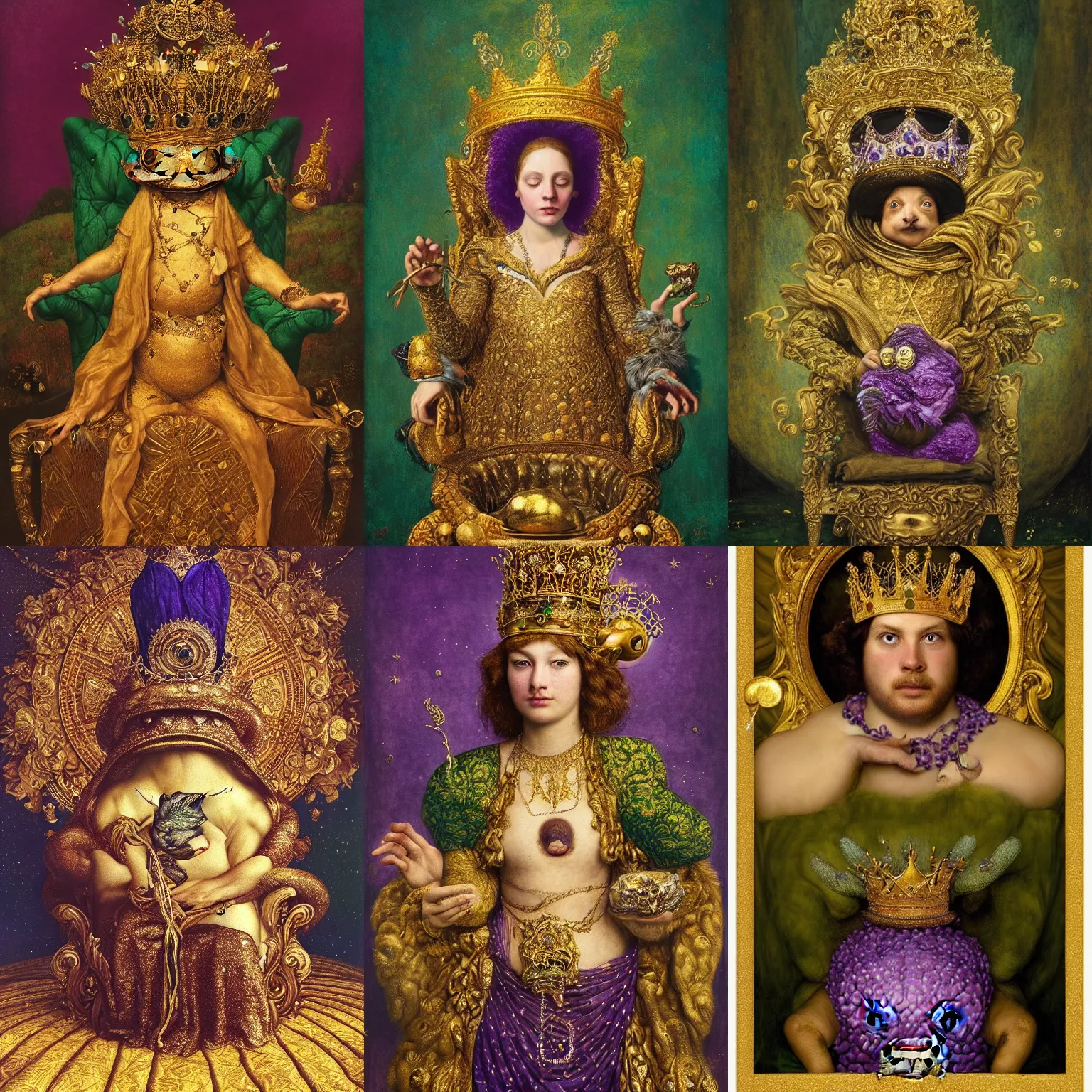 Prompt: “A majestic portrait of a toad with a crown sitting in a gold throne,johannes voss,titian, Tom Bagshaw, Sam Spratt, maxfield parrish, gustav klimt , cinematic, hyper realism, high detail, 8k, intricate, gold green and purple colors”