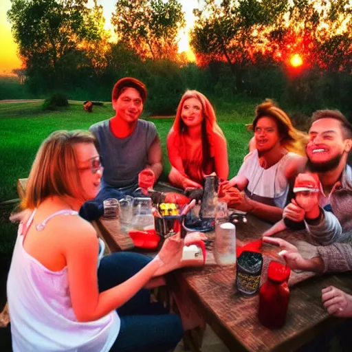 Prompt: a bill. a bong. a group of friends. enjoying themselves and laughing it up. sun set. red accents.