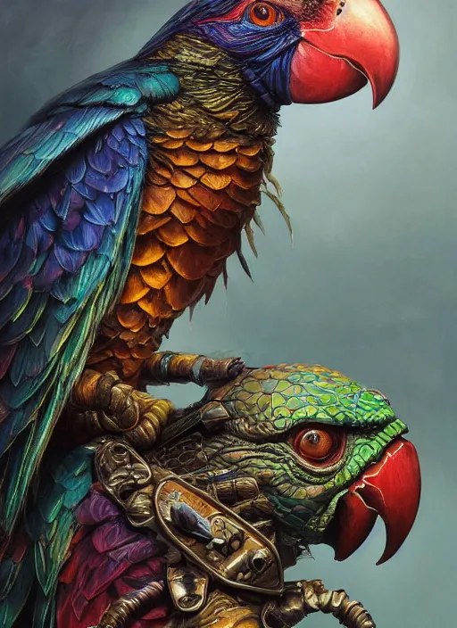 Prompt: cyber parrot downtown cn tower mf doom reptile eyes, rainbow metal feathers, intricate, elegant, highly detailed, centered, digital painting, artstation, concept art, smooth, sharp focus, illustration, artgerm, tomasz alen kopera, peter mohrbacher, donato giancola, joseph christian leyendecker, wlop, frank frazetta