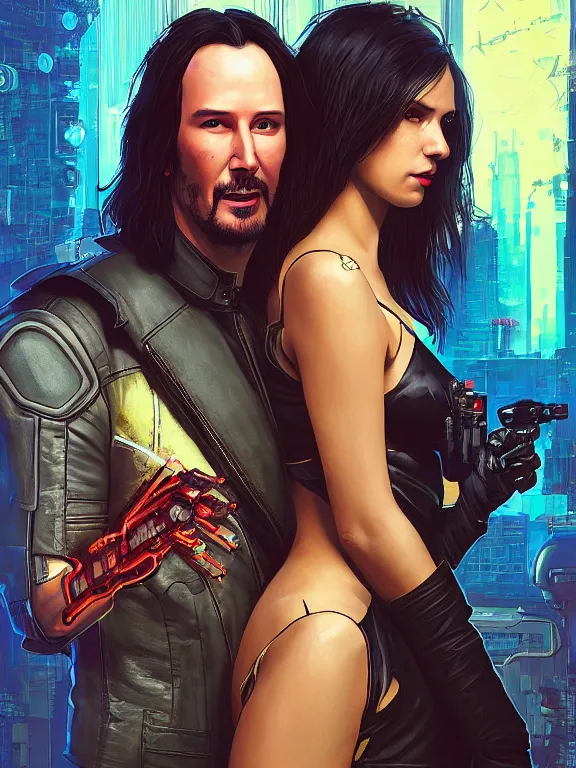Image similar to a cyberpunk 2077 couple portrait of Keanu Reeves&female android in kiss,love,film lighting,by Laurie Greasley,Lawrence Alma-Tadema,Dan Mumford,artstation,deviantart,FAN ART,full of color,Digital painting,face enhance,highly detailed,8K,octane,golden ratio,cinematic lighting