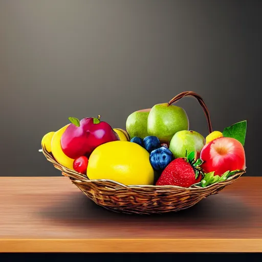 Prompt: a fruit basket on top of a kitchen table, anime