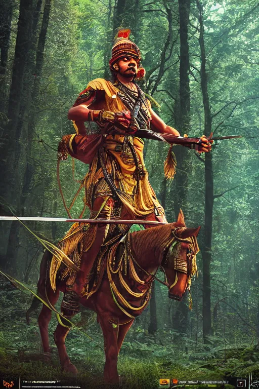 Image similar to Photo of an Indian warrior in a forest, photorealistic, hyper detailed, octane render, 4k