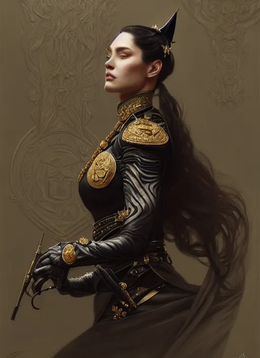 Image similar to portrait of supreme leader kitty, royalty, extravagant, lord, full body, military uniform, fantasy, intricate, elegant, beautiful, highly detailed, charcoal, centered, dark, smokey, digital painting, artstation, concept art, art by artgerm and greg rutkowski and alphonse mucha