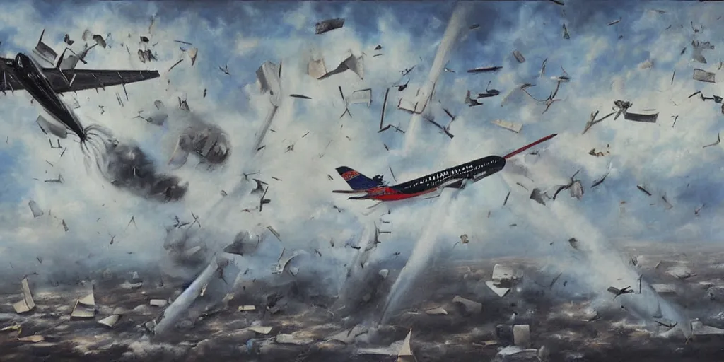 Image similar to surreal painting of plane crashing
